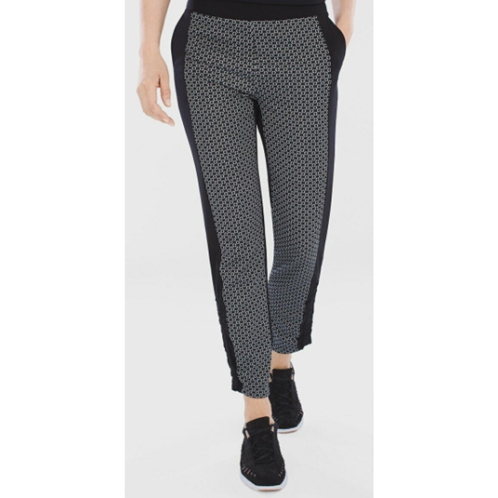 ZENERGY CHICO'S Black White Neema Pull-On Ruched Hem Ankle Pants Size 2 US 10-14